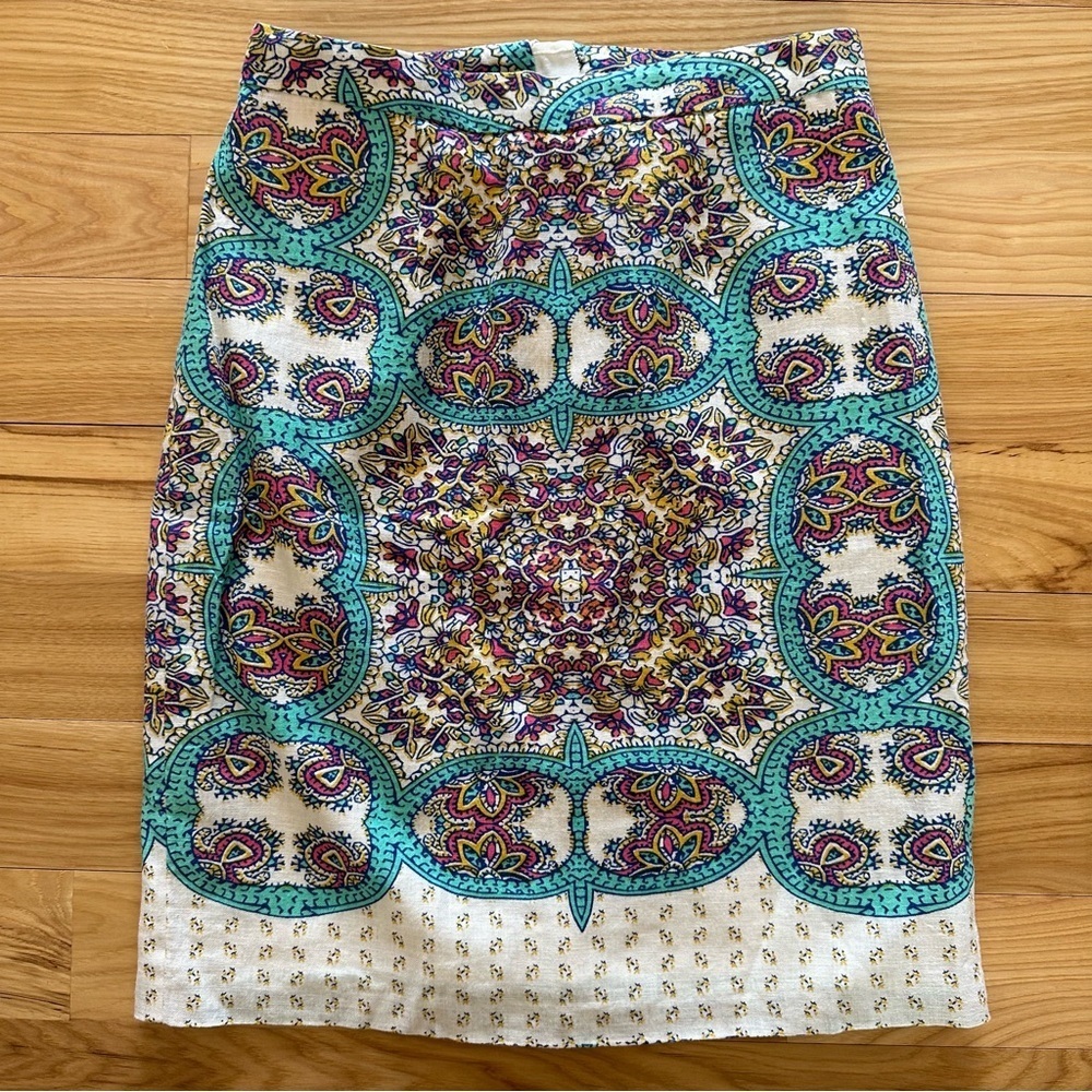 Maeve Turquoise Blue Pink Ivory Floral Print Skirt 2 Anthropologie Linen Blend